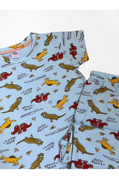 elmas kids Boys' 100% Cotton Fabric Light Blue Dinosaurs Pattern Short Sleeve Thin Seasonal Pajamas Set