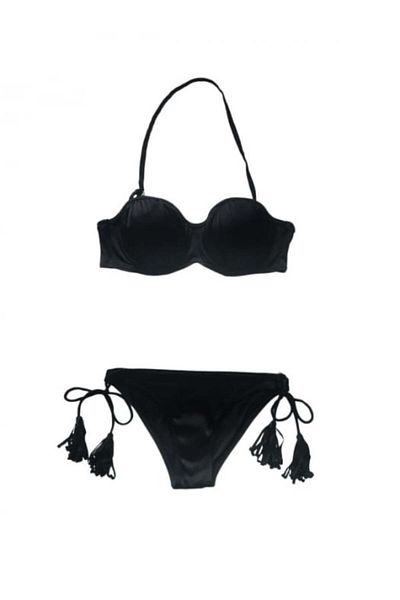 Beachlife Black swimsuit, balconette bra with adjustable and detachable straps, adjustable briefs with tassels
