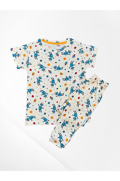 elmas kids Boys' 100% Cotton White Robot Space Pattern Short Sleeve Thin Seasonal Pajamas Set