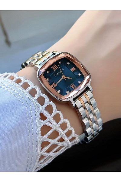 Ferrucci Milano Women's Wristwatch – Octagonal Cut Glass, Navy Blue Stone Dial, Metal Cord