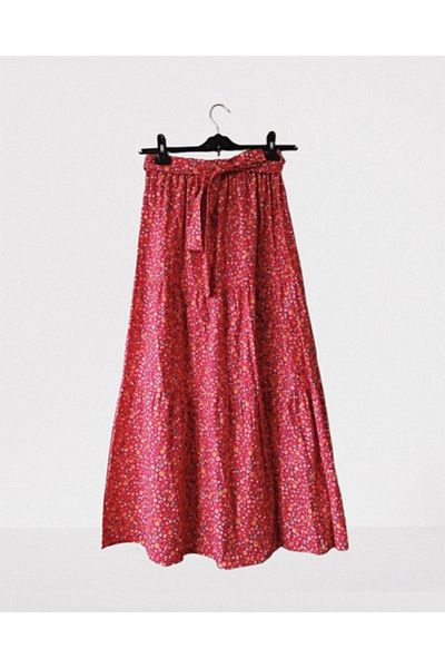 Namaste Vintage Long Skirt with Belt with Color Flower Pattern of Pomegranate (100% Cotton)