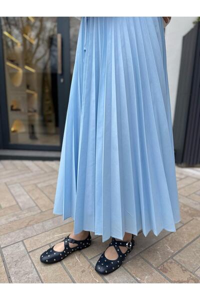 Venöve Brandi Women's Elastic Waist Pleated Skirt Blue