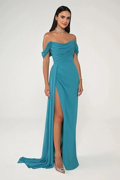 ALFABETA Women's Off-Shoulder Slit Detail Turquoise Evening Dress & Homecoming Dress Ab6772-Turquoise