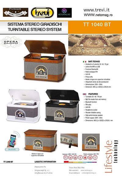 Trevi Retro pick up stereo audio system vintage Opera cherry wood case, MP3, radio, USB port