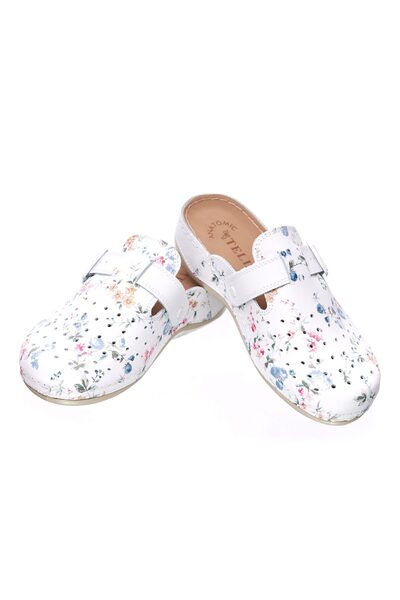 Tellus Women's Leather Medical Clogs 25-09, White With Flowers
