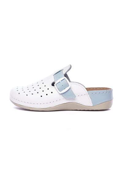 Tellus Women's Leather Medical Clogs 25-09, White With Blue