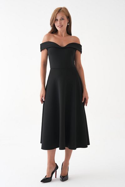 lovebox Black Stretchy Scuba Fabric Strapless Neckline Flared Cut Midi Dress 77128