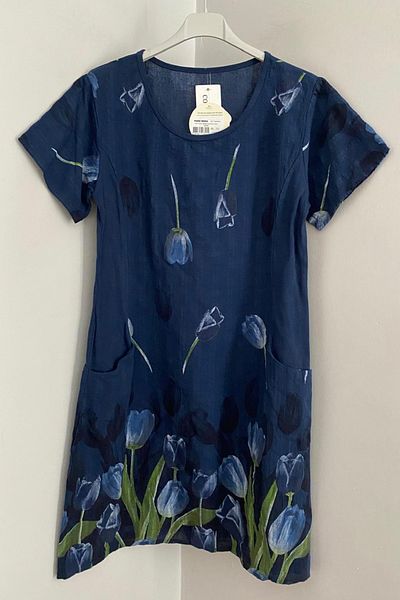 AYASOFYA OTANTIK Women's Italian Navy Blue Tulip Pattern Short Sleeve Cotton Midi Dress with Bag Pocket