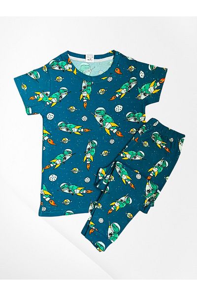 elmas kids Boys' 100% Cotton Navy Blue Dinosaur Space Rocket Pattern Short Sleeve Thin Seasonal Pajamas Set
