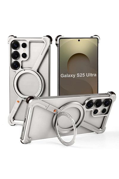 Generic Metal Frameless Phone Case for Samsung Galaxy S25 Ultra with Stand 360° Rotatable Magsafe