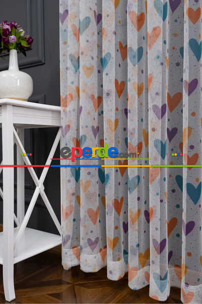 eperde Hazır Ölçülü Petek Zemin Renkli Desenli Grek Baskılı Tül Perde - Sık Pile