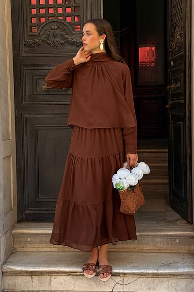 Birgül Bektaş Brown Tie Detail Chiffon Skirt Set
