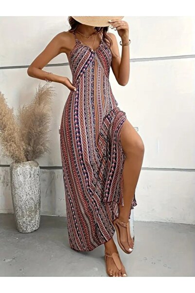 Modayakamoz Yeni Sezon Kadın İp Askılı Sırttan Çapraz Detaylı Yırtmaçlı Desen...