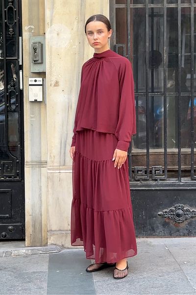 Birgül Bektaş Burgundy Tie Detail Chiffon Skirt Set