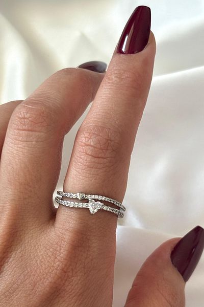 Leo'Stone Imported Series Double Full Zircon Stone Heart Design Half Lap Adjustable Women's Steel Ring