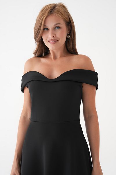 lovebox Black Stretchy Scuba Fabric Strapless Neckline Flared Cut Midi Dress 77128