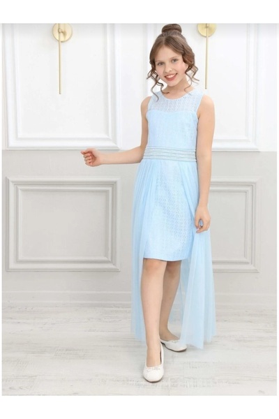 ÖZNUR GİYİM Belden Tüllü Zarif Kız Cocuk Mavi Mezuniyet Düğün Abiye Elbisesi