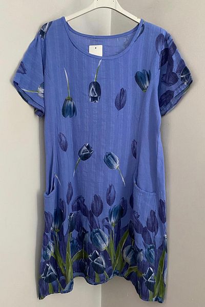 AYASOFYA OTANTIK Women's Italian Blue Tulip Pattern Short Sleeve Cotton Midi Dress with Bag Pockets