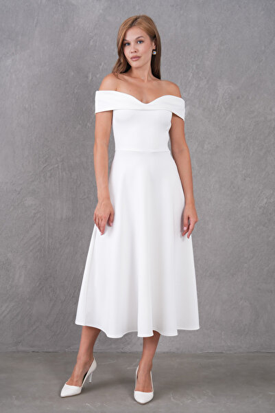 Secret Passion Lingerie Λευκό ελαστικό ύφασμα κατάδυσης στράπλες γιακάς Σχέδιο Flared Cut Midi βραδινό φόρεμα 77128