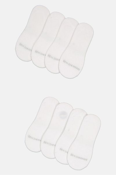 Ben Sherman Men 8 Pairs Brand Logo Mid Cut Liner Silicone Heel Grip Socks, White