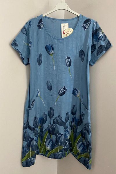 AYASOFYA OTANTIK Women's Italian Indigo Blue Tulip Pattern Short Sleeve Cotton Midi Dress with Bag Pocket