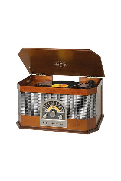 Trevi Retro pick up stereo audio system vintage Opera cherry wood case, MP3, radio, USB port