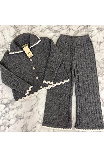 HÇ Hülya Çelik KİDSWEAR 2018 Girl's Knitwear Set Gray Cardigan and Trousers