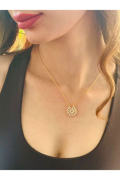 Gönülden Tasarım Zircon Stone Openable Closeable Women's Necklace with Clover End 24 cm