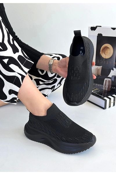 ufukmoda Soord Black Knitwear Beaded Sneakers
