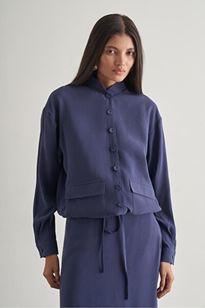 Mizalle İp Büzgülü Torba Cepli Modal Karışımlı Indigo Mavi Ceket