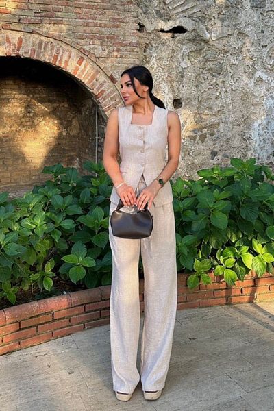 AKD Atelier Women's Double Bottom Top Suit Linen Buttoned Square Collar Waist Lace-Up Regular Vest Loose Pants Suit