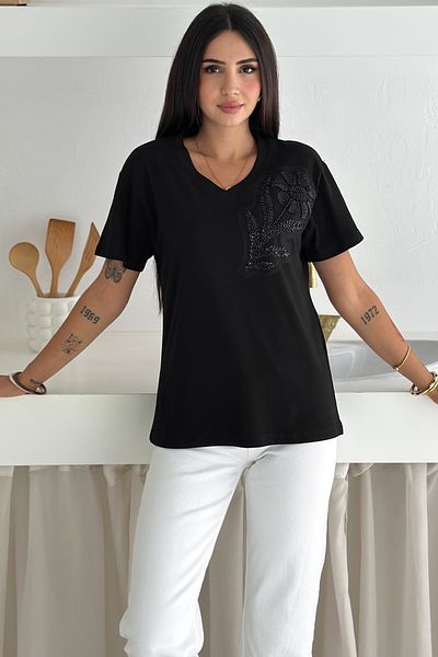 FEMELLE Tricou negru pentru femei, cu decolteu în V, cu model de flori, paiete și mărgele brodate, 100% bumbac