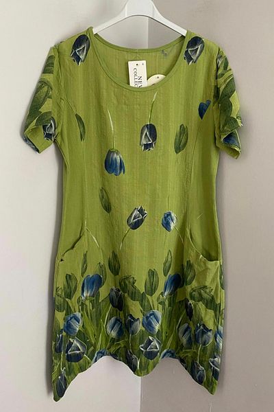 AYASOFYA OTANTIK Women's Italian Oil Green Tulip Pattern Short Sleeve Cotton Midi Dress with Bag Pocket