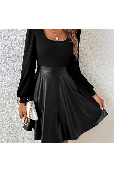 Trendusfashion Women's Black Leather Look Flared Skirt Detailed Dress