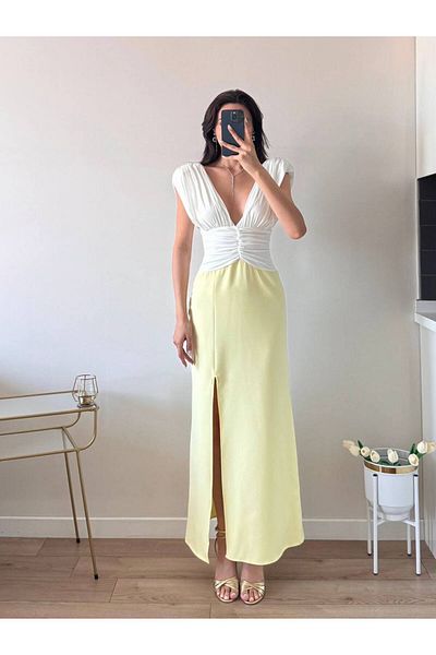 LOCH BUTİK Women's Yellow Shoulder Padded Gathered Slit Midi Dress