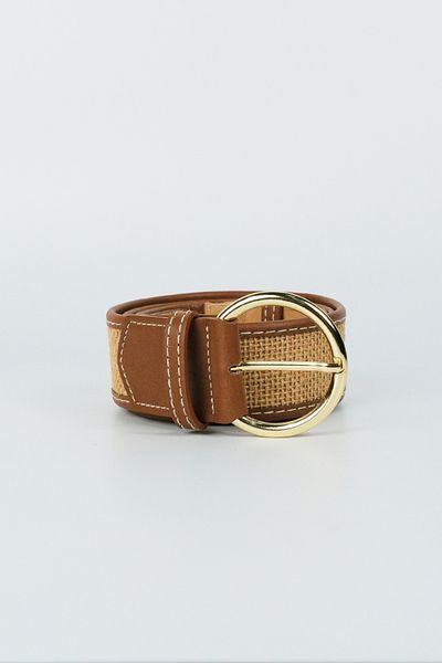 BE BLUE Brown Stitched Belt with Straw Detail
