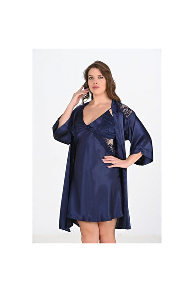MİRALİVE Marsilyan- 2-Piece Navy Blue Dressing Gown Set Bigsize 6208