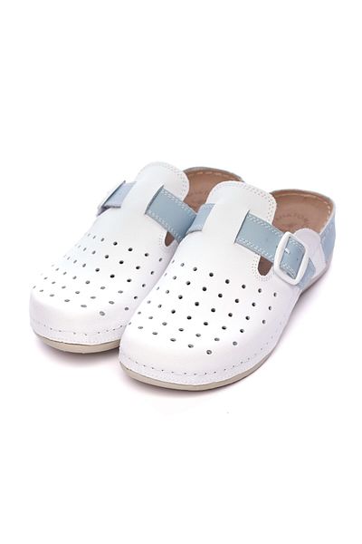 Tellus Women's leather medical clogs 25-09, White with blue - 36