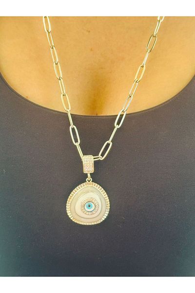 Gönülden Tasarım Zircon Stone Engraved Evil Eye Bead Eye Steel Necklace 32 cm