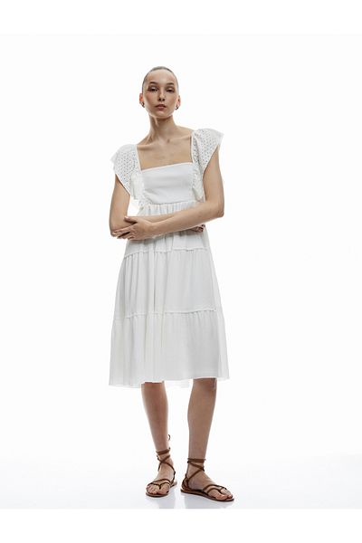 Koton New Season Layer Detailed Sleeveless Square Neck Wrap Casual Fit Midi Dress
