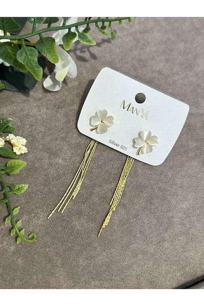 VİYA Gold Flower and Pearl Detailed Dangle Steel Earrings