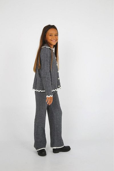 HÇ Hülya Çelik KİDSWEAR 2018 Girl's Knitwear Set Gray Cardigan and Trousers
