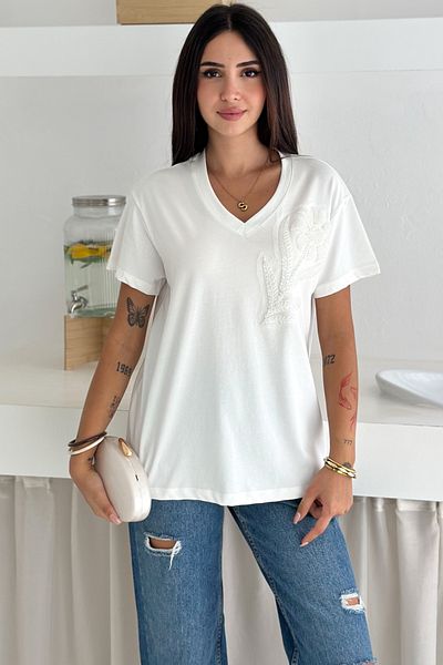 FEMELLE Tricou alb pentru femei, cu decolteu în V, cu model de flori, paiete și mărgele brodate, 100% bumbac