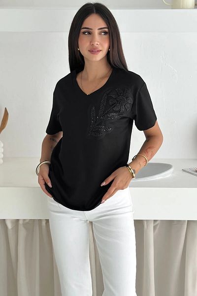 FEMELLE Tricou negru pentru femei, cu decolteu în V, cu model de flori, paiete și mărgele brodate, 100% bumbac