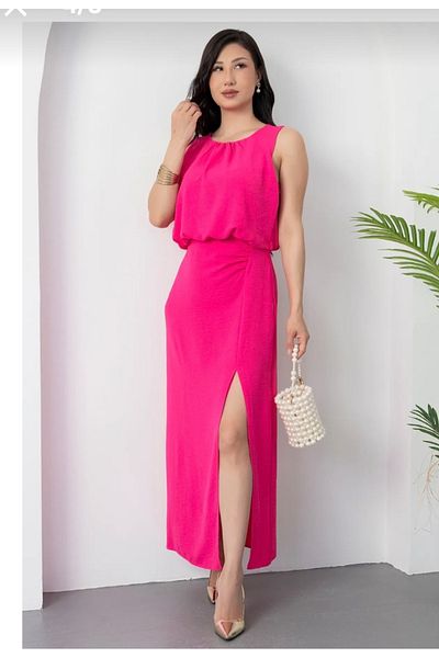 MODA Fuchsia Crew Neck Drawstring Detail Knee-High Slit Linen Aerobin Dress