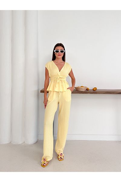 Cistern İstanbul Women's Yellow Waist Gathered and Lace Detailed Blouse Pants Set