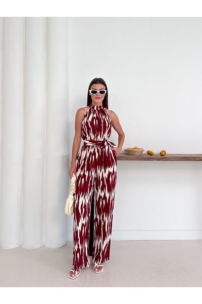 Cistern İstanbul Women's Burgundy Patterned Halter Neckline Waist Belted Jumpsuit