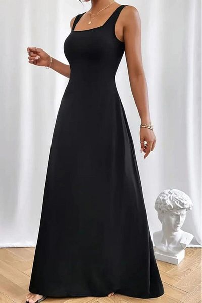 Viyamo New Season Women's Strap U-Neck Janjan Crepe Long Dress