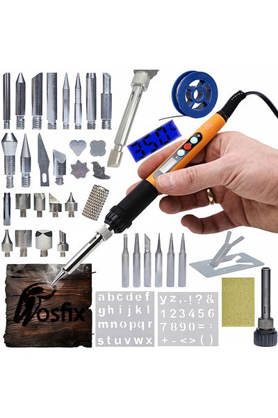 Rosfix Set pentru Lipire și Pirogravat cu Afișaj, 60W, 6 Vârfuri+30 Elemente