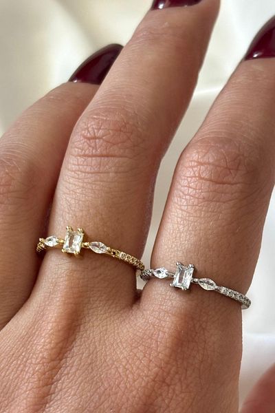 Leo'Stone Imported Series Elegant 3-Piece Baguette Zircon Stone Drop Stone Detail Design Adjustable Women's Steel Ring